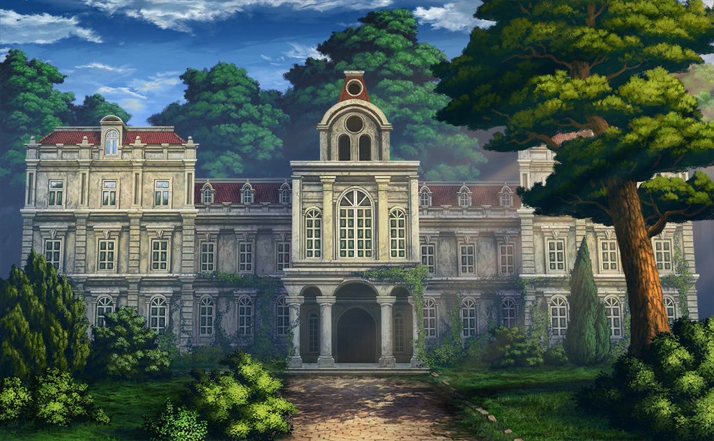 blue_sky bush clouds cobblestone game_cg justinas_vitkus landscape leaf mansion no_humans official_art outdoors overgrown path plant ruined_western_mansion ruins sky sunlight third-party_source touhou touhou_cannonball tree vines window