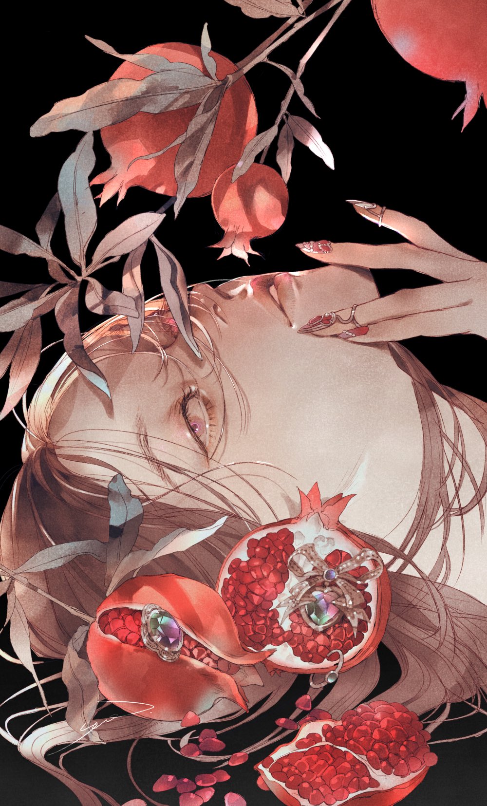 1girl brown_hair fingernails flower food fruit hair_ornament hand_on_own_face highres long_hair looking_at_viewer original parted_bangs parted_lips pink_eyes pomegranate pomegranate_flower portrait red_nails solo yue_(memento1113)