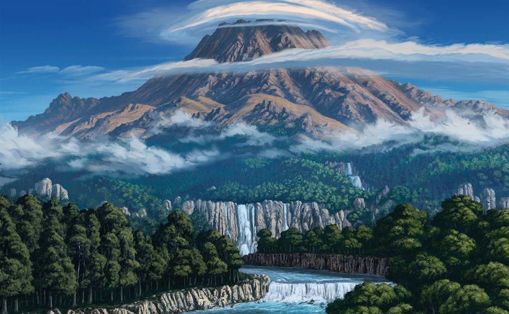 blue_sky clouds forest game_cg justinas_vitkus landscape leaf mountain nature no_humans official_art outdoors river rock sky third-party_source touhou touhou_cannonball tree water waterfall youkai_mountain
