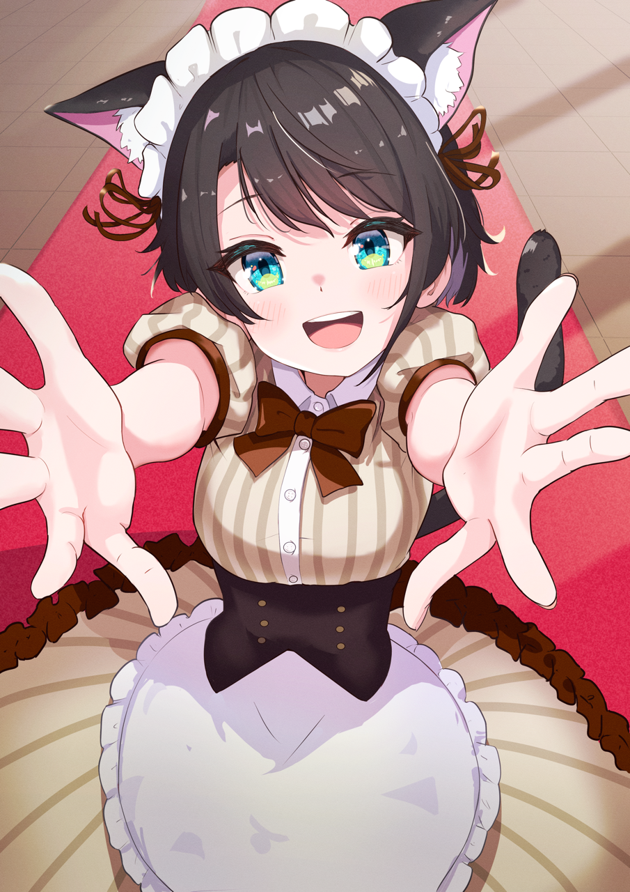 1girl animal_ear_fluff animal_ears apron blue_eyes blush bow brown_hair cat_ears cat_tail collar highres hololive looking_at_viewer maid maid_apron maid_headdress medium_hair oozora_subaru open_mouth outstretched_arms red_bow short_sleeves smile solo taachika tail teeth upper_teeth_only virtual_youtuber white_collar