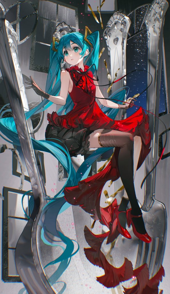 1girl absurdly_long_hair black_gloves black_skirt black_thighhighs blue_eyes blue_hair breasts collar dress fork frilled_collar frilled_dress frills gloves grey_background hair_ornament hatsune_miku high_heels long_hair looking_to_the_side night night_sky petals red_footwear red_shirt rose_petals rumoon shirt skirt sky sleeveless sleeveless_shirt small_breasts star_(sky) thigh-highs twintails very_long_hair vocaloid window