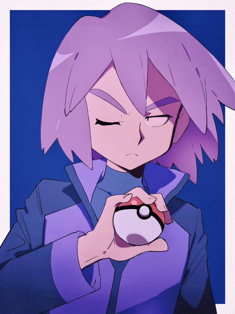 1boy a_(poipiku_325815) blue_background blue_jacket border closed_mouth frown hand_up holding holding_poke_ball jacket long_sleeves looking_to_the_side male_focus one_eye_closed paul_(pokemon) poke_ball poke_ball_(basic) pokemon pokemon_(anime) pokemon_dppt_(anime) purple_hair short_hair solo turtleneck upper_body white_border
