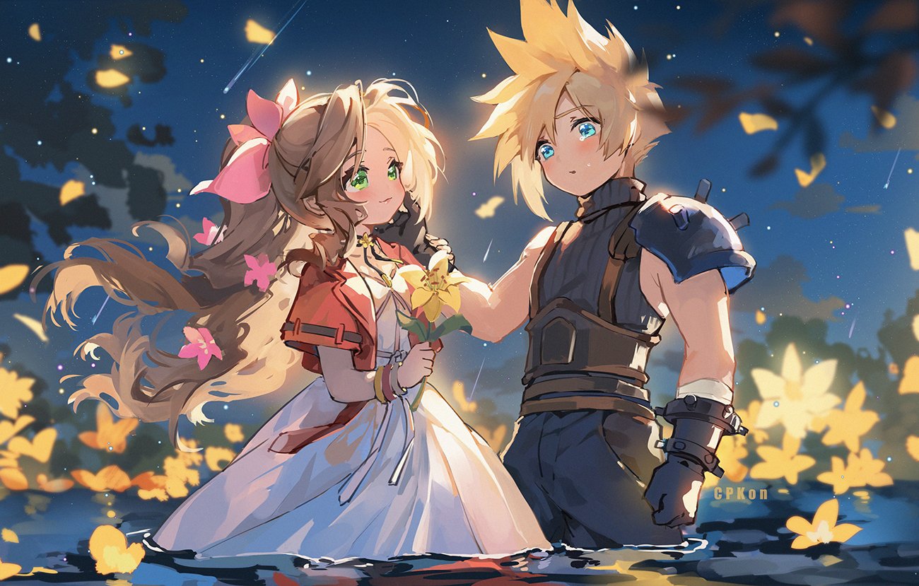 1boy 1girl aerith_gainsborough aqua_eyes armor artist_name bandaged_arm bandages bangle belt blonde_hair blue_pants blue_shirt blurry blurry_foreground blush bracelet braid braided_ponytail brown_belt brown_hair cat_princess choker clenched_hand cloud_strife couple cropped_jacket dress falling_petals final_fantasy final_fantasy_vii final_fantasy_vii_remake flower flower_choker gloves green_eyes hair_between_eyes hair_flower hair_ornament hair_ribbon hand_on_another's_cheek hand_on_another's_face hetero holding holding_flower jacket jewelry lily_(flower) long_dress long_hair looking_at_another multiple_belts night night_sky outdoors pants parted_bangs parted_lips partially_submerged petals pink_dress pink_flower pink_ribbon red_jacket ribbon shirt shooting_star short_hair short_sleeves shoulder_armor sidelocks single_bare_shoulder sky sleeveless sleeveless_turtleneck spiky_hair star_(sky) starry_sky suspenders tears turtleneck wavy_hair yellow_flower