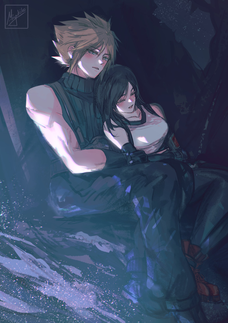 1boy 1girl arm_guards baggy_pants bare_shoulders black_gloves black_hair black_sports_bra black_thighhighs blonde_hair blue_sweater blush boots breasts closed_eyes cloud_strife collarbone commentary couple crop_top elbow_gloves english_commentary final_fantasy final_fantasy_vii final_fantasy_vii_remake gloves hair_between_eyes head_on_another's_shoulder large_breasts light_particles long_hair miyukiko night night_sky outdoors pants parted_lips red_footwear signature sitting skirt sky sleeping sleeveless sleeveless_turtleneck spiky_hair sports_bra star_(sky) starry_sky suspender_skirt suspenders sweater swept_bangs tank_top thigh-highs tifa_lockhart turtleneck turtleneck_sweater white_tank_top