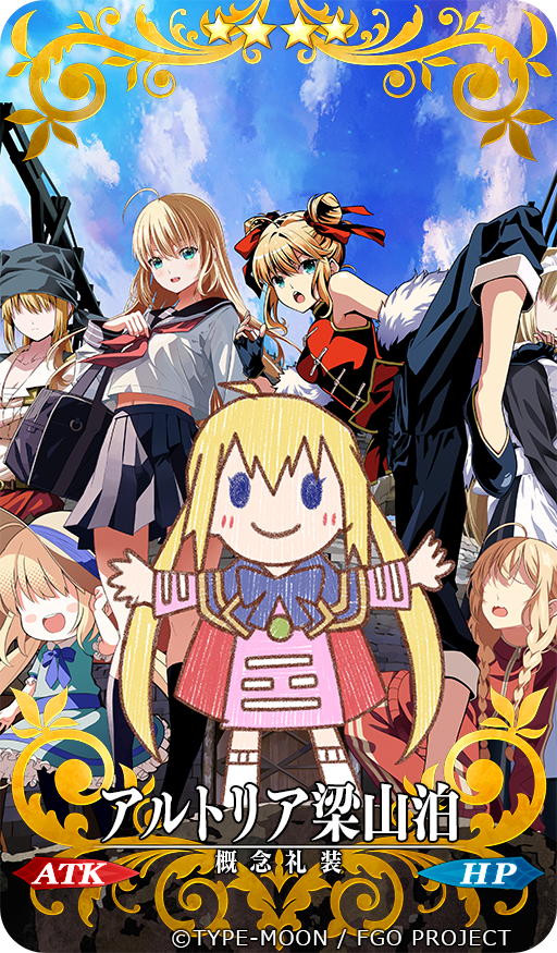 6+girls aged_down ahoge apron artoria_caster_(fate) artoria_pendragon_(fate) bag blue_eyes blue_sky blush_stickers bow breasts budget_sarashi chibi chinese_clothes commentary_request craft_essence_(fate) double_bun dress fate/grand_order fate_(series) fingerless_gloves gloves hair_between_eyes hair_bun hair_over_eyes hair_ribbon hand_on_headwear hat leg_up long_hair long_sleeves maid maid_apron maid_headdress multiple_girls multiple_persona navel neckerchief official_art open_mouth pants pleated_skirt ribbon sailor_collar sailor_shirt sarashi school_bag school_uniform serafuku shirt short_sleeves skirt sky sleeveless small_breasts smile sun_hat track_suit translation_request tsukumo_(soar99) twintails