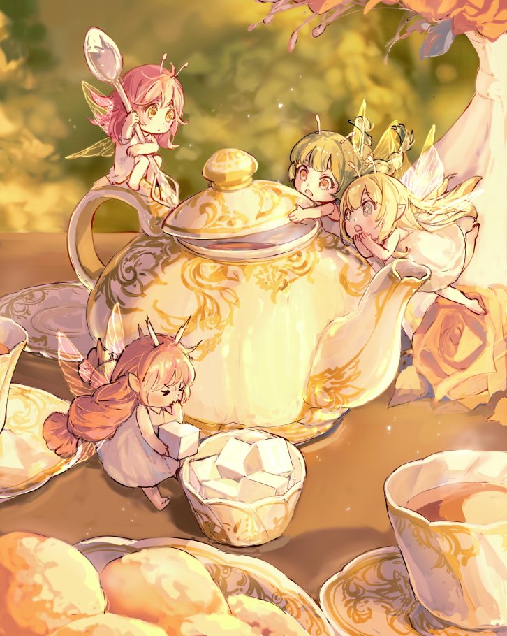 &gt;_&lt; 4girls antennae barefoot blonde_hair blue_eyes braid brown_eyes brown_hair clip_studio_paint_(medium) closed_eyes cup day dress fairy fairy_wings flipped_hair floating_hair flower flying food green_hair holding holding_food holding_lid holding_spoon long_hair looking_at_another mini_person minigirl multiple_girls original oxoxovo pink_hair plate pointy_ears red_flower red_rose rose saucer scone sitting spoon steam sugar_cube sundress tea tea_party tea_set teacup teapot transparent_wings twin_braids twintails vase violet_eyes white_dress wings