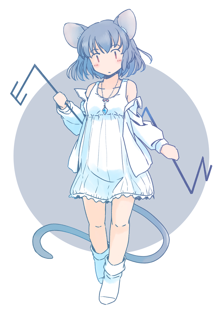 1girl animal_ears blush closed_mouth dowsing_rod dress full_body grey_hair jacket jewelry mouse_ears mouse_tail nazrin open_clothes open_jacket pendant rangycrow red_eyes short_hair socks solo tail touhou white_dress white_jacket white_socks