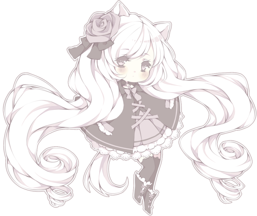 1girl :o animal_ears black_bow black_cloak black_footwear black_thighhighs blush blush_stickers boots bow bowtie chibi cloak cross-laced_clothes cross-laced_footwear curly_hair dress english_commentary eyelashes flower frilled_dress frilled_footwear frilled_sleeves frills grey_bow grey_bowtie grey_dress grey_eyes grey_ribbon grey_rose hair_bow hair_flower hair_ornament hood hood_down hooded_cloak littlebluemuffin long_hair long_sleeves neck_ribbon no_hands open_mouth original petticoat ribbon rose short_dress tail thigh-highs transparent_background very_long_hair white_hair wolf_ears wolf_girl wolf_tail