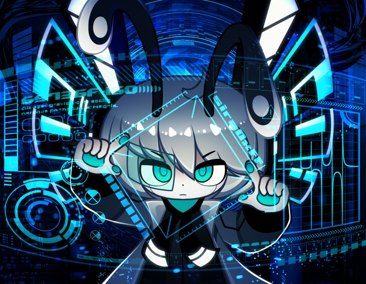 ahoge animal_ears aqua_eyes black_necktie blue_eyes blue_pupils blue_theme chibi closed_mouth colored_skin dot_nose english_text eyes_visible_through_hair fake_animal_ears finger_frame grey_hair grey_jacket hair_between_eyes hands_up holographic_interface jacket long_sleeves looking_at_viewer necktie neon_lights original rabbit_ears ringed_eyes science_fiction scouter serious short_hair sign signature sira0xff sleeve_cuffs solo straight-on upper_body v-shaped_eyebrows warning_sign white_skin
