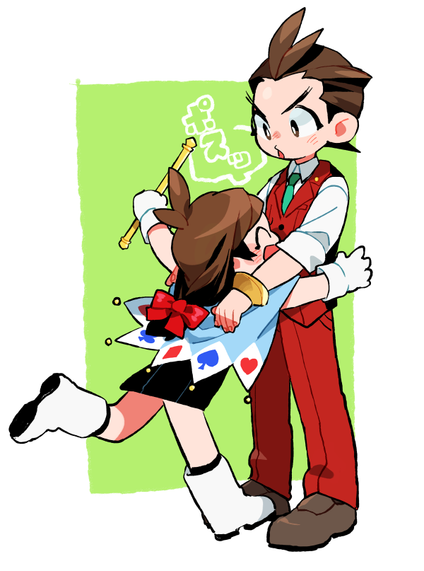 1boy 1girl :d ace_attorney antenna_hair apollo_justice black_dress blue_cape blush boots border bow bracelet brother_and_sister brown_eyes brown_footwear brown_hair buttons cape chanko_neru closed_eyes club_(shape) collared_shirt diamond_(shape) dress fingernails gloves green_background green_necktie hair_bow hand_on_another's_shoulder happy heart holding holding_wand imminent_hug jewelry lapel_pin lapels leg_up long_hair looking_at_another low-tied_long_hair medium_hair necktie open_mouth outside_border pants parted_lips red_bow red_pants red_suit red_vest running shirt shoes short_dress short_hair siblings sleeves_rolled_up smile spade_(shape) suit trucy_wright v-shaped_eyebrows vest wand white_border white_footwear white_gloves white_shirt wide-eyed