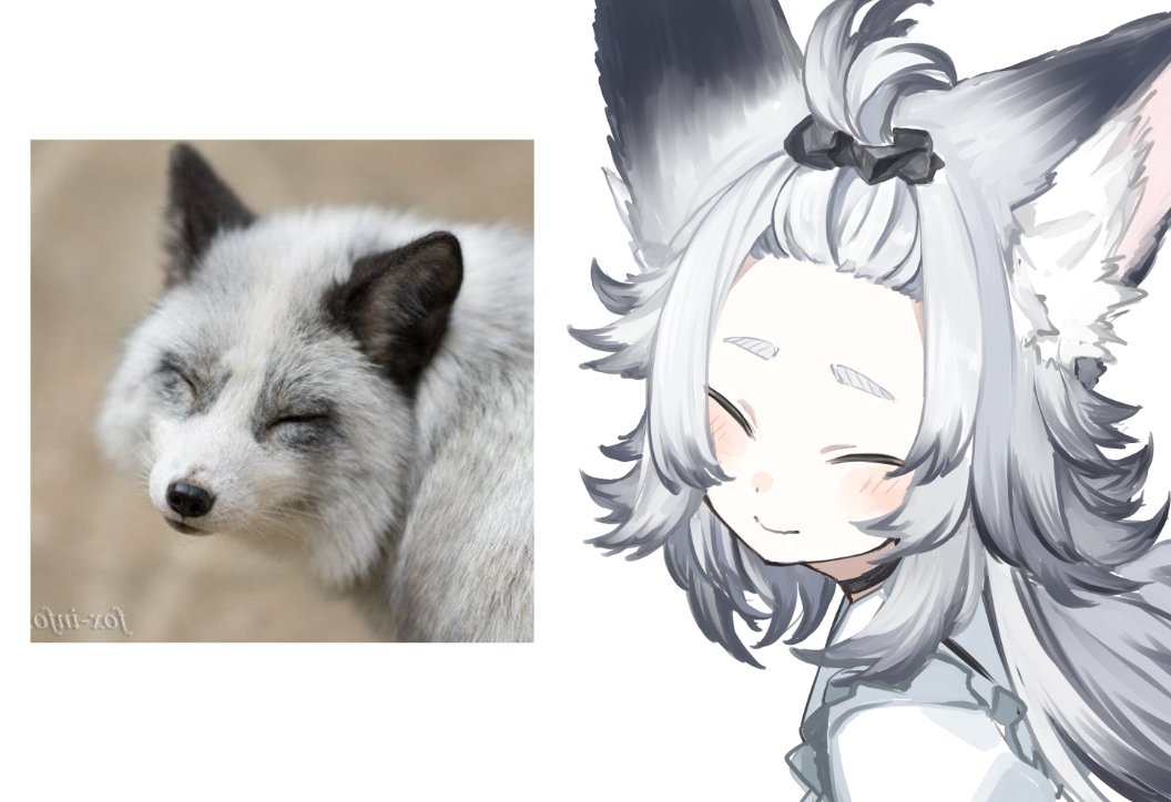 1girl animal_ear_fluff animal_ears bad_id bad_twitter_id black_choker blush choker closed_eyes dress grey_hair long_hair looking_at_viewer original portrait reference_inset rotroto simple_background solo topknot upper_body white_background white_dress
