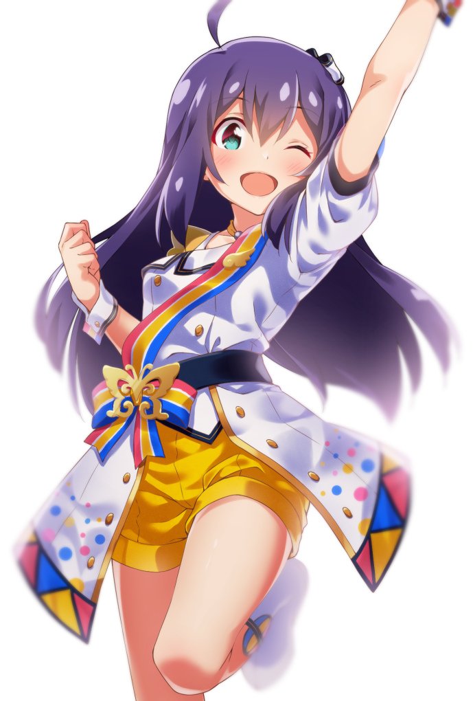 1girl ahoge arm_up black_ribbon blurry blurry_background blush boots bow breasts clenched_hand cowboy_shot dot_nose green_eyes hair_between_eyes hair_bow hair_ribbon hand_up idolmaster idolmaster_million_live! idolmaster_million_live!_theater_days jacket leg_up long_hair looking_at_viewer mochizuki_anna multicolored_sash nouvelle_tricolor_(idolmaster) one_eye_closed open_mouth purple_hair ribbon short_sleeves shorts simple_background small_breasts smile solo standing standing_on_one_leg white_background white_footwear white_jacket white_wrist_cuffs yellow_shorts yuukyan_(ucan85)