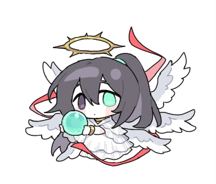 1boy angel angel_wings black_hair blush bracelet cape chibi closed_mouth crystal_ball dress e.g.o_(project_moon) feathered_wings hair_between_eyes half_updo halo hong_lu_(limbus_company) jewelry limbus_company long_hair looking_at_viewer multiple_wings necklace nishiirei9522 project_moon seraph sidelocks simple_background solo very_long_hair white_background white_cape white_dress white_wings whitenight_(lobotomy_corporation) wings