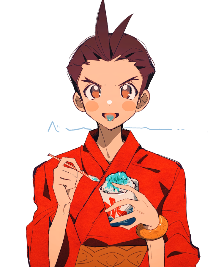 1boy ace_attorney antenna_hair apollo_justice blush_stickers bracelet brown_eyes brown_hair dot_nose eye_print food grgrton hands_up holding holding_food holding_spoon japanese_clothes jewelry kimono kooribata looking_at_viewer male_focus print_sash red_kimono sash shaved_ice short_hair simple_background solo spoon straight-on tongue tongue_out upper_body v-shaped_eyebrows white_background yellow_sash