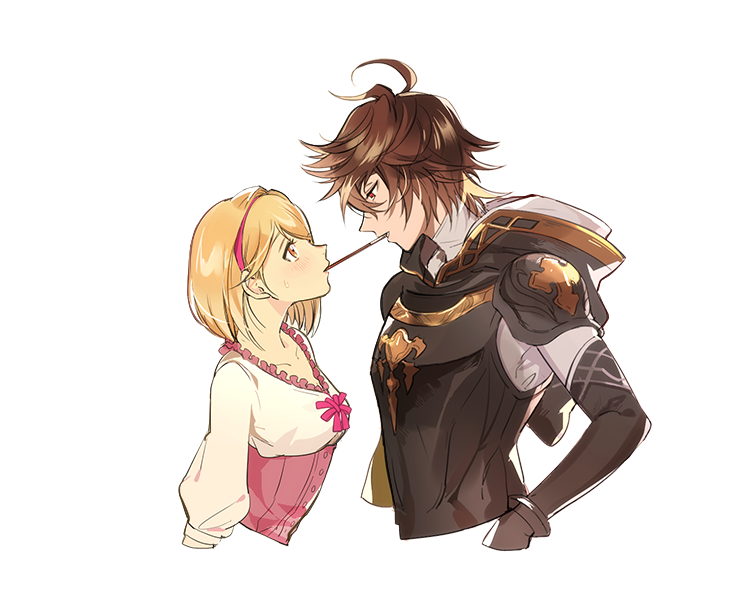 1boy 1girl armor blonde_hair breastplate brown_eyes brown_hair character_request collarbone couple cropped_torso cunonn djeeta_(granblue_fantasy) eye_contact from_side granblue_fantasy hetero incoming_pocky_kiss looking_at_another red_eyes red_ribbon ribbon shirt short_hair shoulder_armor simple_background sketch sweatdrop white_background white_shirt
