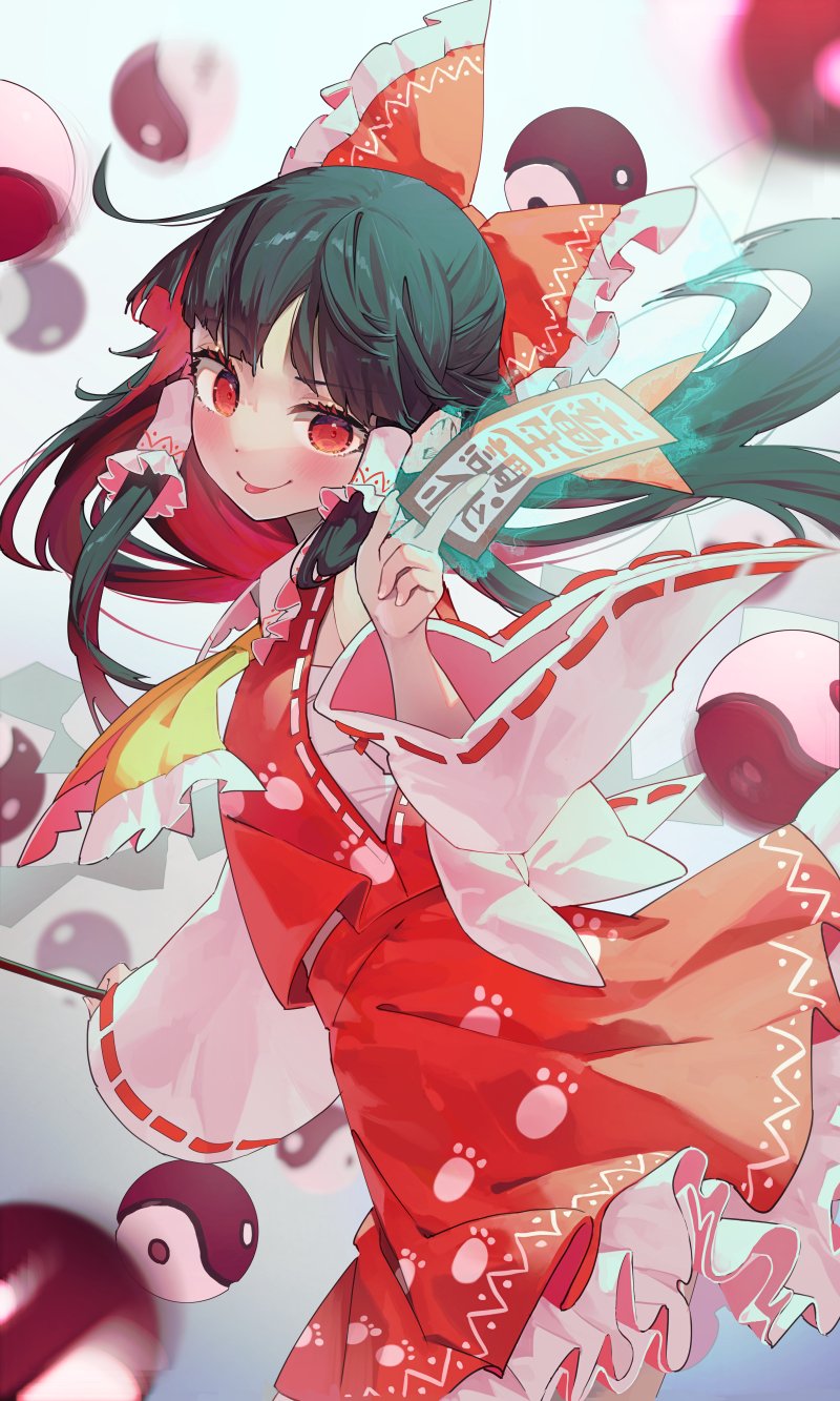 1girl bare_shoulders black_hair blush bow closed_mouth cowboy_shot detached_sleeves frilled_skirt frills hair_bow hair_tubes hakurei_reimu highres holding japanese_clothes long_hair nontraditional_miko ofuda orb red_bow red_eyes red_skirt ribbon-trimmed_sleeves ribbon_trim sidelocks skirt smile solo syuri22 tongue tongue_out touhou white_sleeves wide_sleeves yin_yang yin_yang_orb