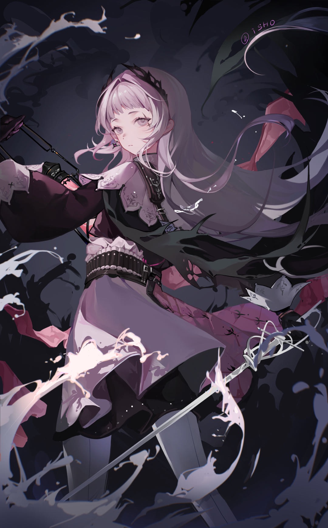 1girl ammunition_belt arknights artist_name black_cape black_gloves black_shirt blunt_bangs cape closed_mouth commentary_request earrings expressionless feet_out_of_frame from_behind gloves grey_hair hair_intakes highres holding holding_lantern holding_sword holding_weapon irene_(arknights) isho7 jewelry lantern long_hair long_sleeves looking_at_viewer looking_back pantyhose puffy_long_sleeves puffy_sleeves rapier red_eyes scar scar_across_eye seamed_legwear shirt single_earring skirt solo sword torn_cape torn_clothes very_long_hair waves weapon white_pantyhose white_skirt