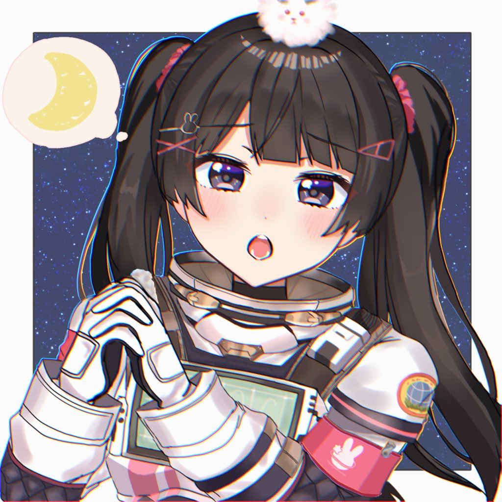 1girl :o armband black_hair blue_background blush border commentary crescent hair_ornament hair_tie hands_up long_hair looking_at_viewer nijisanji official_alternate_costume open_mouth own_hands_together screen sky solo spacesuit star_(sky) starry_sky thought_bubble triangle_hair_ornament tsukino_mito tsukino_mito_(16th_costume) twintails u_(yo649_t) upper_body violet_eyes white_border x_hair_ornament