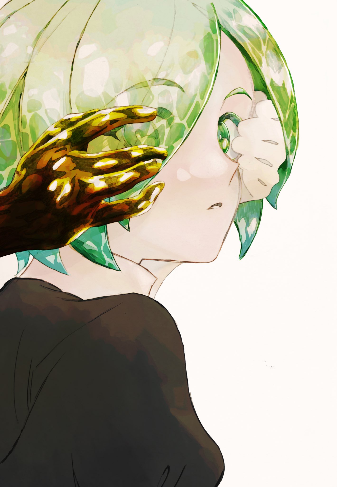 1other androgynous covering_another's_eye crystal_hair from_behind gem_uniform_(houseki_no_kuni) golden_arms green_eyes green_hair hair_over_one_eye hand_on_another's_face highres houseki_no_kuni looking_at_viewer looking_back mt5_014 multiple_persona other_focus out_of_frame phosphophyllite phosphophyllite_(10000) phosphophyllite_(ll) puffy_sleeves short_hair simple_background solo_focus spoilers translucent_hair white_background