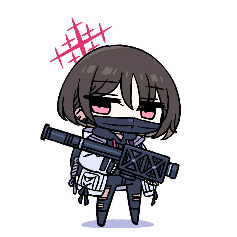 1girl black_footwear black_hoodie black_mask blue_archive boots brown_hair chan_co chibi halo holding holding_weapon hood hood_down hoodie jacket long_sleeves looking_at_viewer mask misaki_(blue_archive) mouth_mask pink_eyes pink_halo short_hair simple_background solo star_halo weapon white_background white_jacket