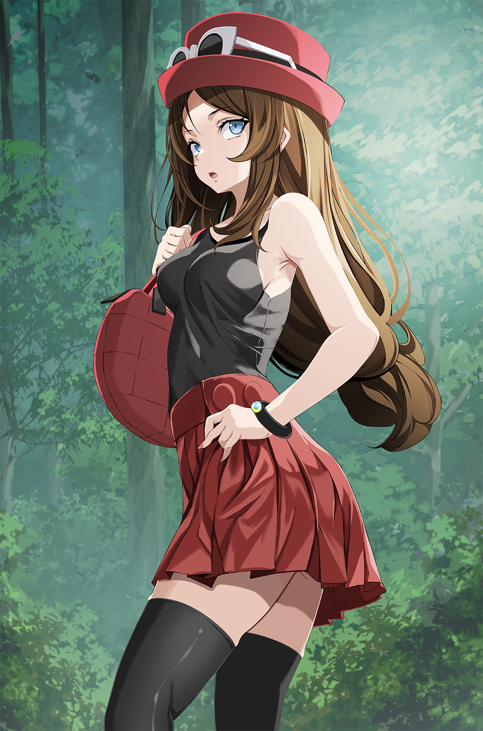 1girl bag bare_arms black_shirt black_thighhighs blue_eyes bracelet breasts brown_hair eyewear_on_headwear forest from_side hand_on_own_hip hat highres holding holding_bag jewelry long_hair low-tied_long_hair medium_breasts miniskirt nature open_mouth outdoors parted_bangs pleated_skirt pokemon pokemon_(game) pokemon_xy red_headwear red_skirt serena_(pokemon) shirt skirt sleeveless sleeveless_shirt solo standing sunglasses thigh-highs tsukishiro_saika very_long_hair white-framed_eyewear zettai_ryouiki