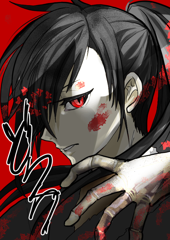 1boy blood blood_on_face blood_on_hands dororo_(tezuka) eyelashes hair_over_one_eye hand_on_another's_shoulder hyakkimaru_(dororo) japanese_clothes kikuchi_shiki long_hair male_focus parted_lips ponytail red_eyes solo_focus spot_color translation_request