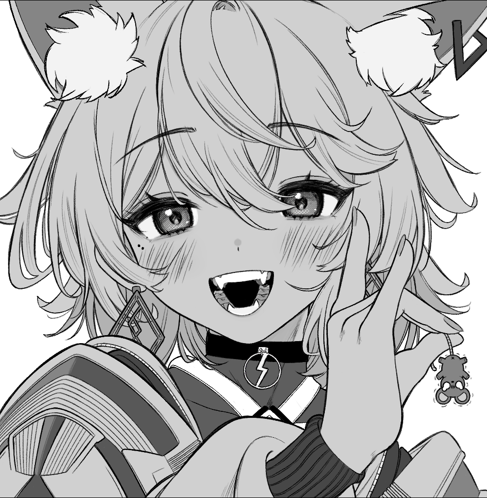 1girl alzcats animal_ear_fluff animal_ears armor blush cevio coko_(cevio) commentary diamond_earrings earrings fangs fox_ears fox_girl fox_shadow_puppet greyscale half-closed_eyes hand_up holding_another's_tail jewelry kamitsubaki_studio long_sleeves looking_at_viewer medium_hair messy_hair mole mole_under_eye monochrome mouse open_mouth pauldrons pendant_choker portrait puffy_long_sleeves puffy_sleeves raised_eyebrows shoulder_armor simple_background sleeve_cuffs smile solo tail teeth