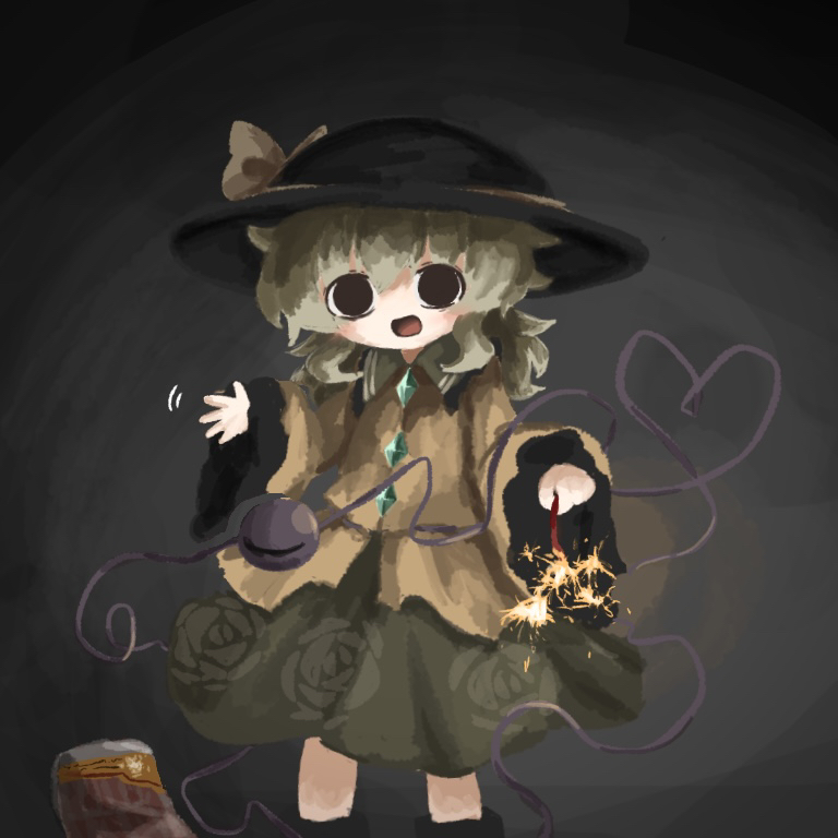 1girl black_footwear black_headwear boots bow buttons collared_shirt diamond_button eyeball feet_out_of_frame floral_print frilled_shirt_collar frilled_sleeves frills green_skirt hands_up hat hat_bow hat_ribbon heart heart_of_string heripantomorrow komeiji_koishi light_green_hair long_sleeves looking_at_viewer medium_hair open_mouth ribbon rose_print shirt skirt smile solo standing third_eye touhou wavy_hair wide_sleeves yellow_bow yellow_ribbon yellow_shirt