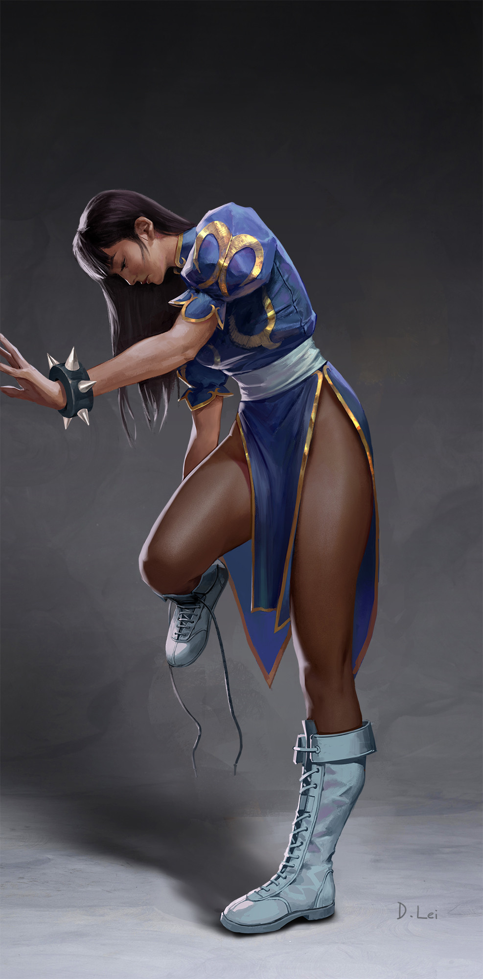 1girl boots bracelet chinese_clothes chun-li denglei dress highres jewelry leaning_on_object leotard long_hair puffy_sleeves solo spiked_bracelet spikes street_fighter untied_footwear