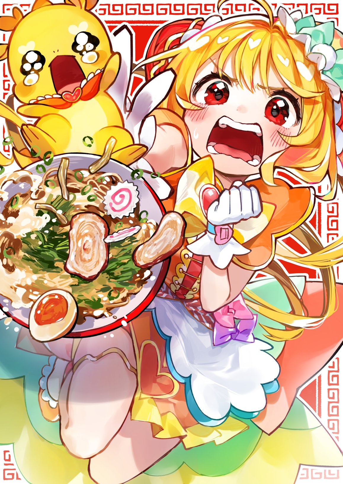 1girl blonde_hair blush bow bowl bun_cover clenched_hand cure_yum-yum delicious_party_precure double_bun dress egg_(food) food gloves hair_bun hanamichi_ran highres kurihara_sakura looking_at_viewer magical_girl mem-mem_(precure) noodles open_mouth pink_bow precure purple_bow red_eyes short_hair simple_background sweat tears thigh_strap white_gloves