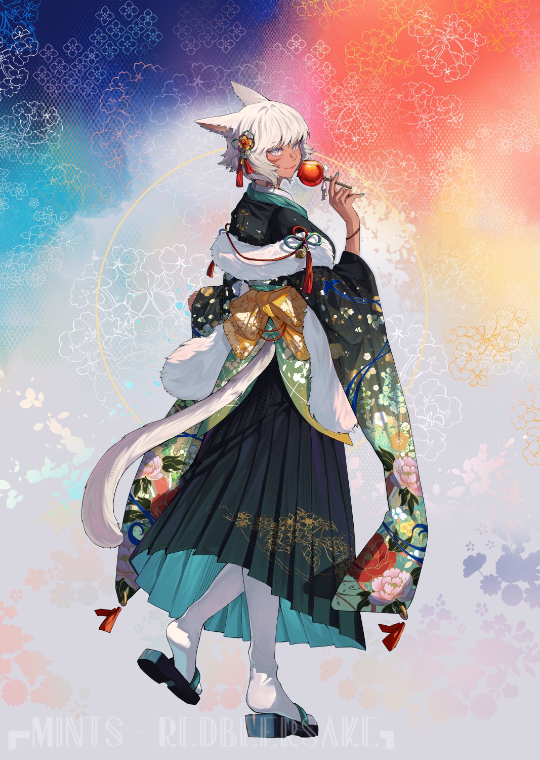 1girl alternate_costume animal_ears animal_print aqua_nails back_bow bird_print black_kimono black_skirt blue_footwear bow bracelet candy_apple cat_ears cat_girl cat_tail commentary english_commentary facial_mark feather_boa final_fantasy final_fantasy_xiv floral_background floral_print food from_behind full_body fur_shawl grey_eyes hair_ornament hakama hakama_skirt hand_up highres holding holding_food japanese_clothes jewelry kimono looking_at_viewer looking_back miqo'te multicolored_background nail_polish neck_tattoo pantyhose redricewine sandals shawl short_hair skirt slit_pupils smile solo tail tail_through_clothes tassel tassel_hair_ornament tattoo walking white_hair white_pantyhose wide_sleeves y'shtola_rhul yukata