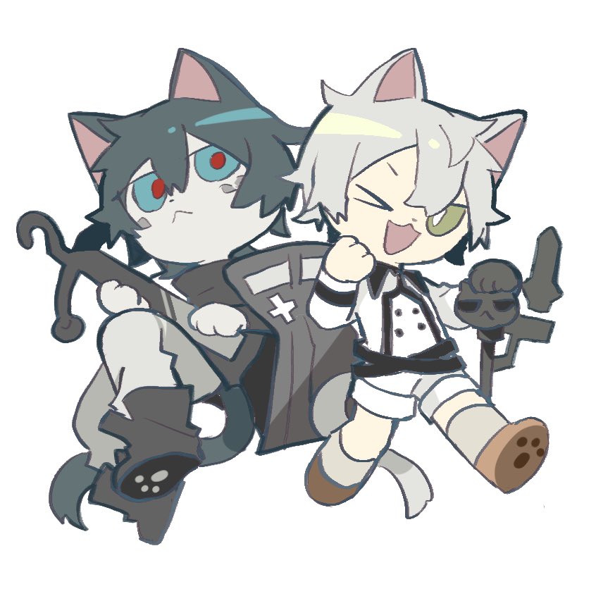 &gt;_o 2boys :3 animal_ears arknights black_footwear black_sweater blue_eyes blue_hair boots cat_boy cat_ears cat_tail chibi closed_mouth faust_(arknights) green_eyes jacket mephisto_(arknights) multiple_boys one_eye_closed open_mouth pants paw_print_soles shorts simple_background south_ac sweater tail white_background white_jacket white_pants white_shorts