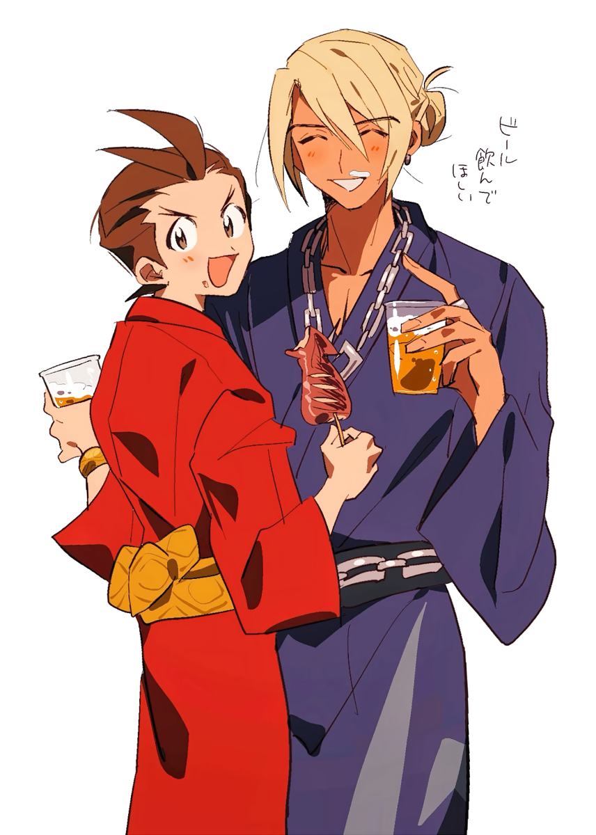 2boys :d ace_attorney alcohol apollo_justice beer black_sash blonde_hair blue_kimono blush bracelet brown_eyes brown_hair chain_necklace closed_eyes cowboy_shot cup dark-skinned_male dark_skin earrings facial_hair fingernails food food_on_face from_behind grgrton grin hair_bun highres holding holding_cup ikayaki japanese_clothes jewelry kimono klavier_gavin looking_at_viewer male_focus multiple_boys mustache necklace obi red_kimono ring sash short_hair simple_background smile swept_bangs translation_request v-shaped_eyebrows white_background wide-eyed wide_sleeves yellow_sash