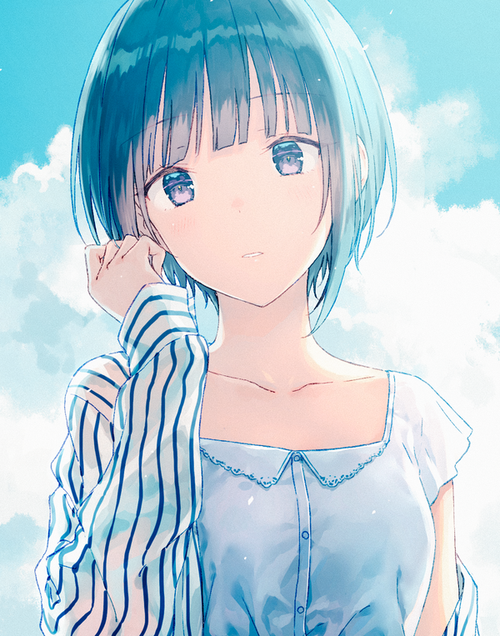 1girl black_hair blue_shirt blue_sky blue_theme blunt_bangs blush bob_cut clouds collarbone day dot_nose flat_chest hand_up hiten_(hitenkei) idolmaster idolmaster_cinderella_girls idolmaster_cinderella_girls_starlight_stage jacket long_sleeves looking_at_viewer parted_lips shirayuki_chiyo shirt short_hair short_sleeves single_off_shoulder sky smile solo striped striped_jacket upper_body violet_eyes white_jacket