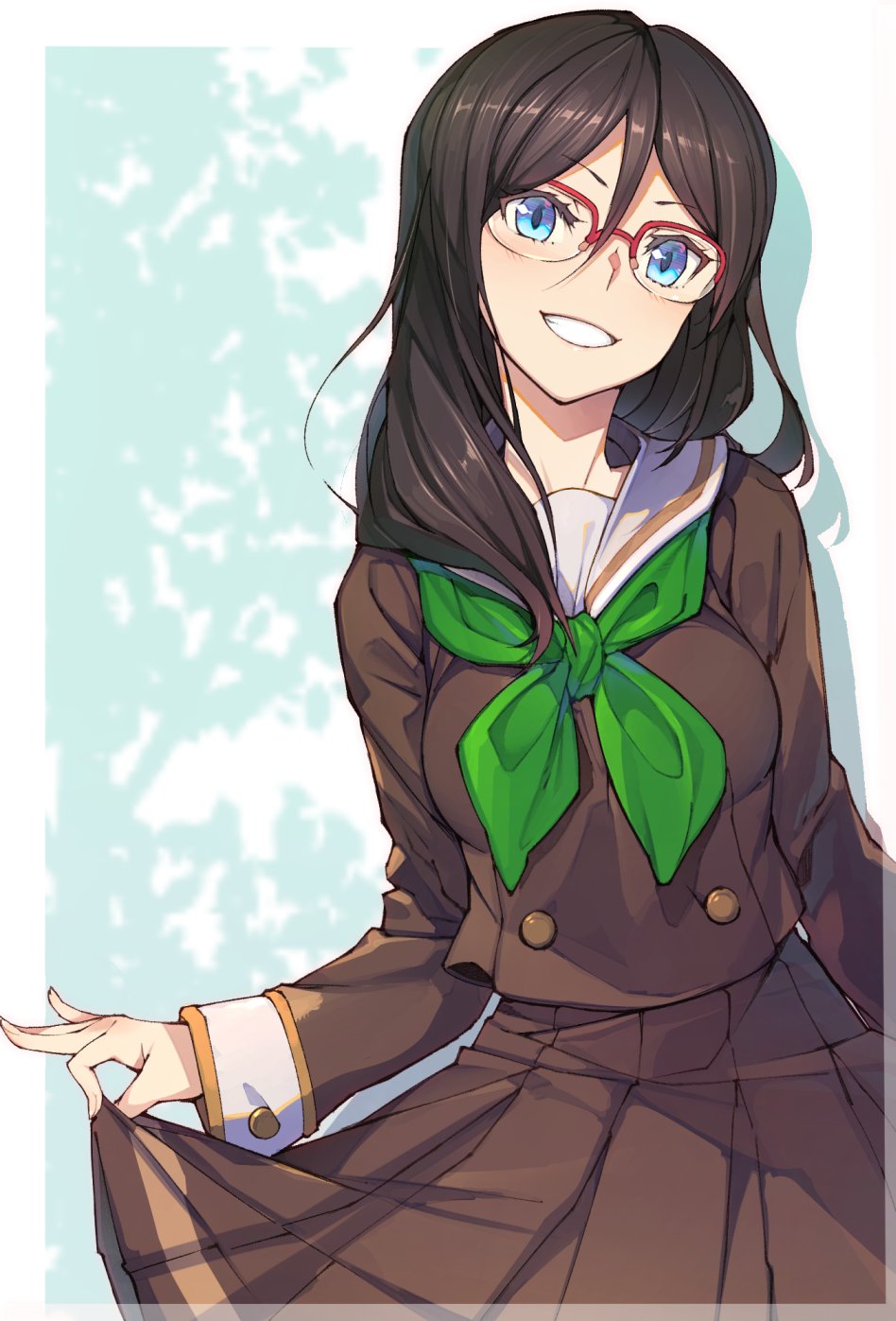 1girl 3s aqua_background black_hair blue_eyes border breasts brown_serafuku brown_skirt buttoned_cuffs buttons clothes_lift cowboy_shot double-breasted double-parted_bangs drop_shadow eyelashes glasses green_neckerchief grin hair_between_eyes head_tilt hibike!_euphonium highres lifted_by_self light_blue_background long_hair long_sleeves looking_at_viewer medium_breasts neckerchief open_mouth outside_border over-rim_eyewear pleated_skirt red-framed_eyewear sailor_collar school_uniform semi-rimless_eyewear serafuku single_stripe skirt skirt_lift smile solo striped striped_skirt tanaka_asuka white_border white_sailor_collar