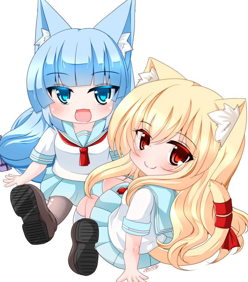2girls :d animal_ear_fluff animal_ears blonde_hair blue_eyes blue_hair blue_sailor_collar blue_skirt bow brown_footwear brown_pantyhose cat_ears cat_girl cat_tail chibi closed_mouth commentary_request hair_between_eyes hair_bow kanijiru loafers long_hair looking_at_viewer looking_to_the_side multiple_girls original pantyhose pleated_skirt purple_bow red_eyes red_ribbon ribbon sailor_collar school_uniform serafuku shirt shoe_soles shoes short_sleeves signature simple_background sitting skirt smile socks tail tail_ornament tail_ribbon very_long_hair white_background white_shirt white_socks