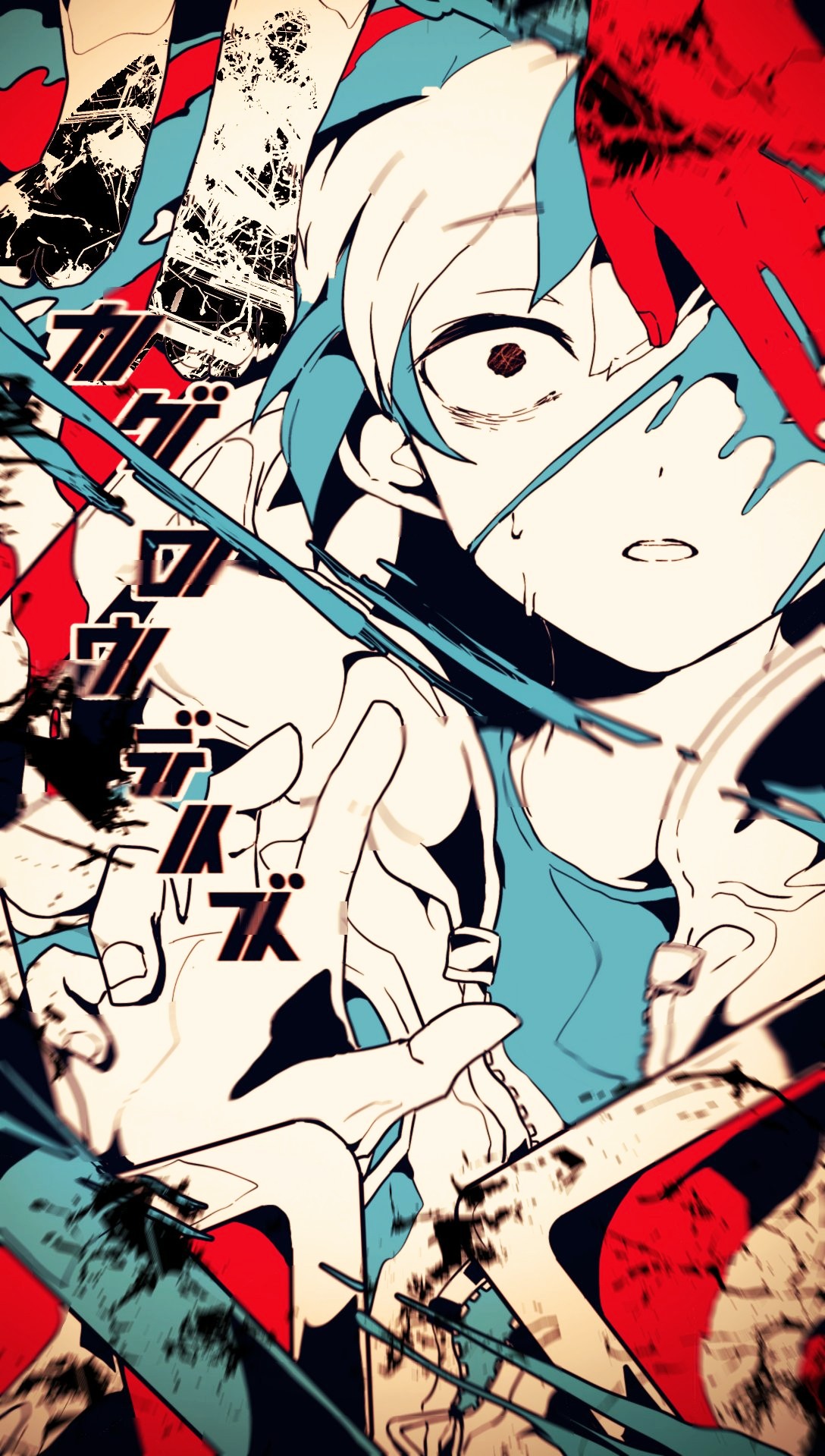 1boy 3kuma abstract_background amamiya_hibiya barefoot black_background blue_hair blue_shirt blurry blurry_foreground brown_eyes casual child commentary dirty dirty_feet dirty_hands expressionless feet fingernails highres hood hoodie kagerou_days_(vocaloid) kagerou_project light_blue_background light_blue_hair limited_palette looking_at_viewer male_focus multicolored_background multicolored_hair one_eye_covered palms parted_lips partially_unzipped pedestrian_lights red_background shirt short_hair sleeveless sleeveless_hoodie solo song_name splatter t-shirt tears two-tone_hair upper_body white_background white_hair white_hoodie wide-eyed zipper zipper_pull_tab
