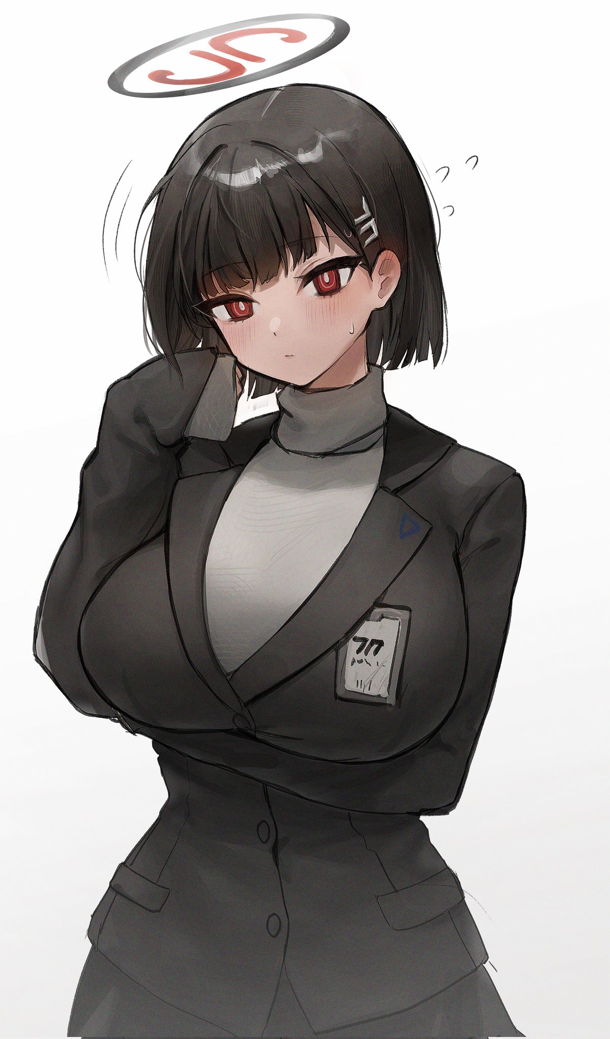 1girl arm_under_breasts black_hair black_jacket black_skirt blue_archive blush breasts closed_mouth commentary_request flying_sweatdrops gradient_background grey_background grey_shirt hair_ornament hairclip halo hand_up highres jacket large_breasts long_sleeves red_eyes rio_(blue_archive) shirt short_hair skirt sleeves_past_fingers sleeves_past_wrists solo sweat white_background xanax025
