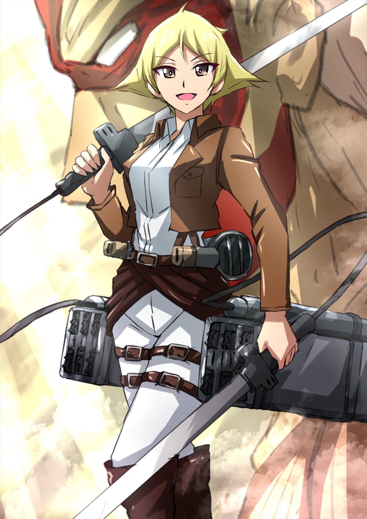 1girl black_footwear blonde_hair boots brown_eyes brown_jacket collared_shirt commentary dual_wielding erwin_(girls_und_panzer) erwin_smith giant girls_und_panzer highres holding holding_sword holding_weapon jacket knee_boots long_sleeves looking_at_viewer name_connection no_headwear omachi_(slabco) open_mouth pants paradis_military_uniform pointy_hair shingeki_no_kyojin shirt short_hair smile standing sword thigh_strap three-dimensional_maneuver_gear weapon white_pants white_shirt