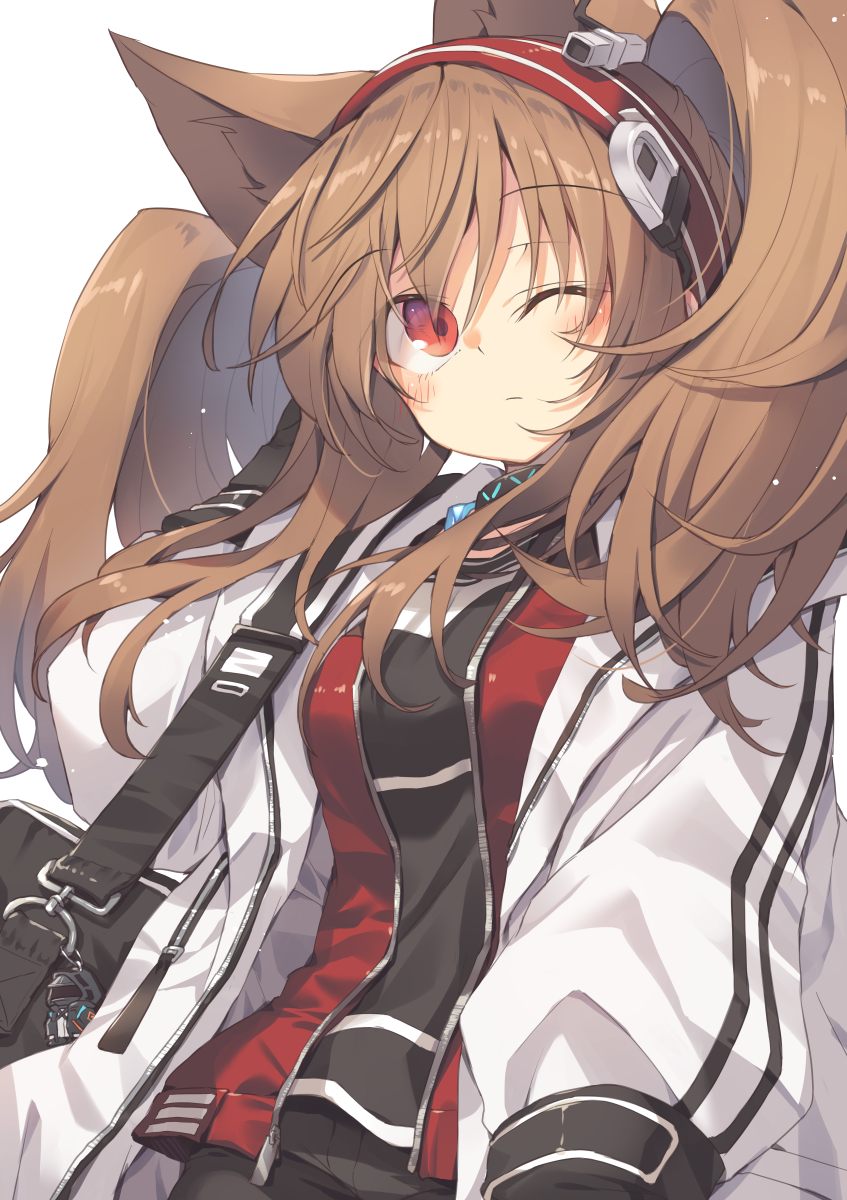 1girl angelina_(arknights) animal_ears arknights bag black_bag black_choker blush brown_hair choker commentary hairband hand_up highres jacket long_hair long_sleeves one_eye_closed red_eyes red_hairband satou_kibi shirt shoulder_bag simple_background solo twintails white_background white_jacket