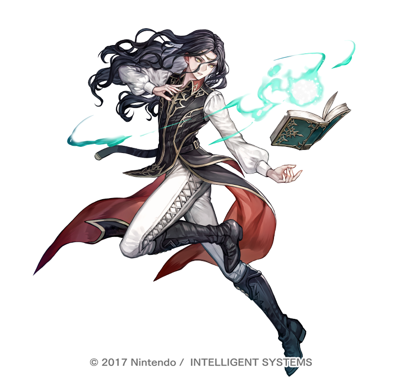 1other androgynous belt black_belt black_footwear black_hair black_jacket book boots circlet collared_jacket copyright cross-laced_clothes fire_emblem fire_emblem:_the_blazing_blade fire_emblem_heroes floating floating_book floating_object full_body hand_up jacket leg_up limstella_(fire_emblem) long_hair long_sleeves looking_at_object magic official_art open_book other_focus outstretched_arm pants parted_bangs parted_lips senano-yu shirt simple_background sleeveless sleeveless_jacket solo tailcoat wavy_hair white_background white_pants white_shirt yellow_eyes