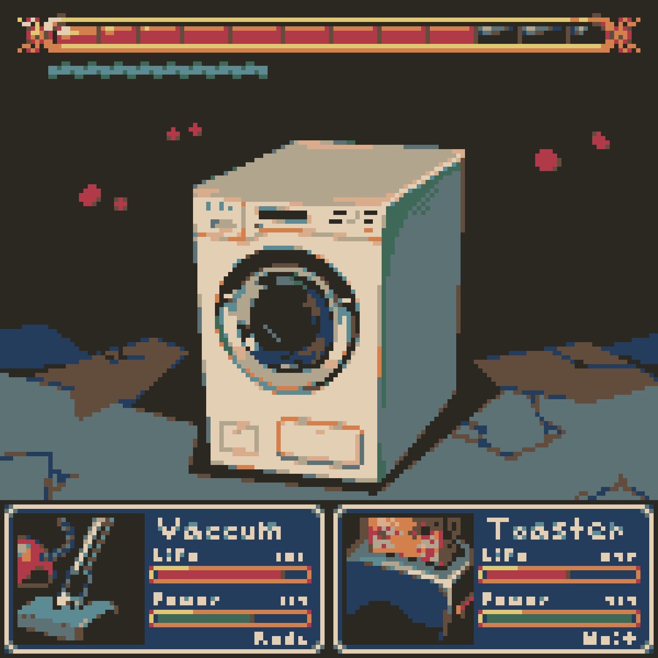 alphons63 commentary dark_background english_commentary english_text fake_screenshot food highres no_humans original pixel_art simple_background toast toaster vacuum_cleaner washing_machine