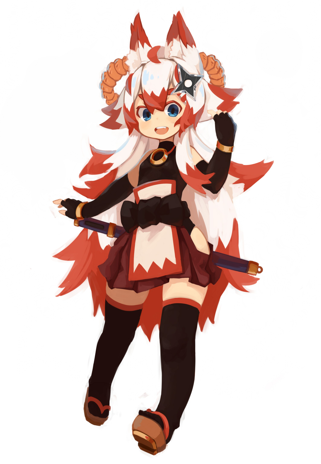 1girl :d ahoge animal_ears armlet bare_hips bare_shoulders black_gloves black_thighhighs blue_eyes blue_fire elbow_gloves fang fire fox_ears fox_girl fox_tail full_body geta gloves hair_ornament highres hip_vent imibi_(zizi_niisan) jewelry katana long_hair looking_at_viewer multicolored_hair multiple_tails open_mouth original outline pendant redhead rope sheath sheathed shimenawa shuriken shuriken_hair_ornament simple_background skirt smile solo standing sword tail teeth thigh-highs two-tone_hair very_long_hair weapon white_background white_hair zettai_ryouiki zizi_niisan