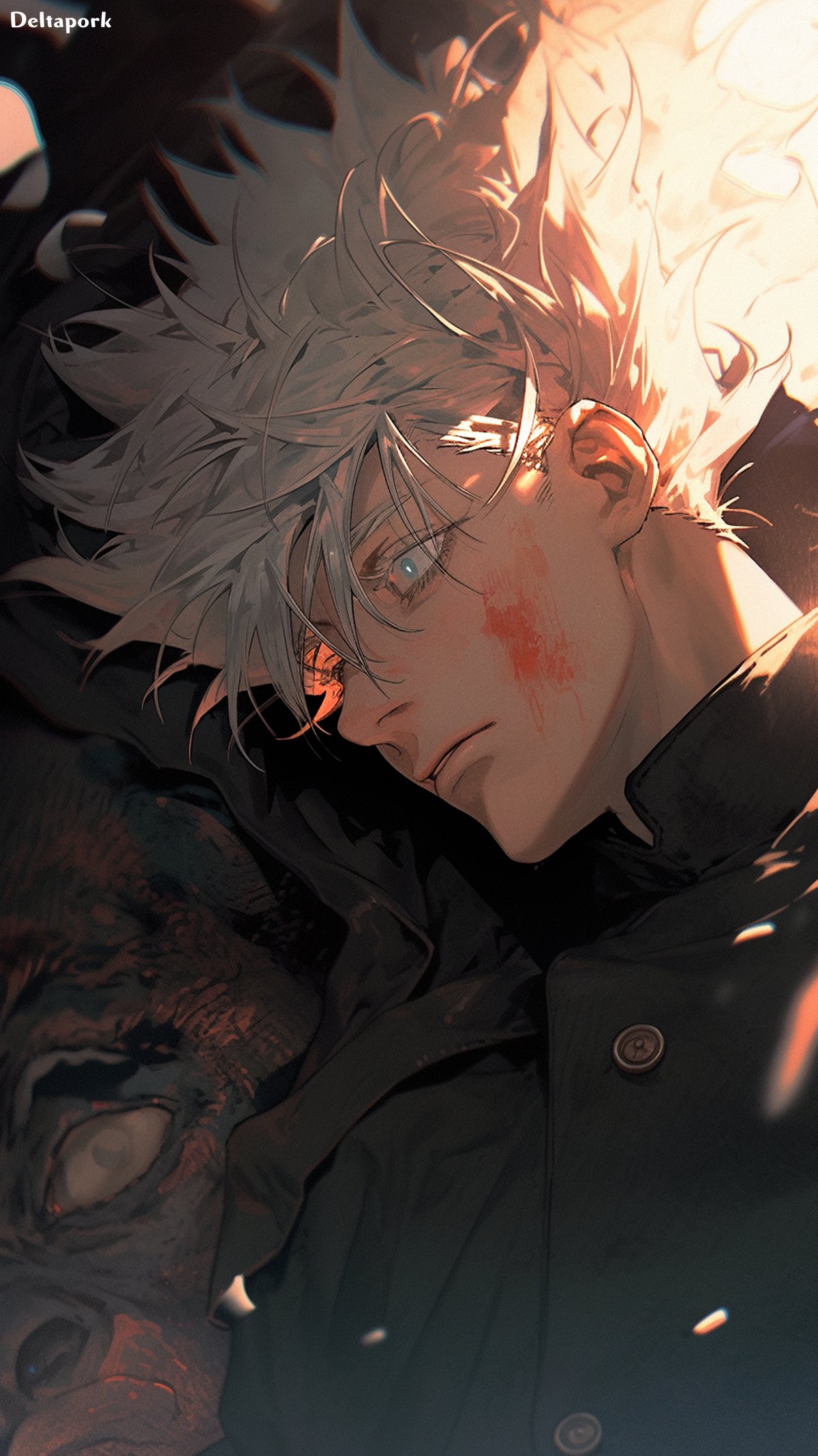 1boy ai-assisted artist_name black_jacket blood blood_on_face blue_eyes collared_shirt deltapork expressionless floating_hair from_side gojou_satoru highres jacket jujutsu_kaisen jujutsu_tech_uniform looking_ahead male_focus parted_lips shadow shirt short_hair solo upper_body white_hair