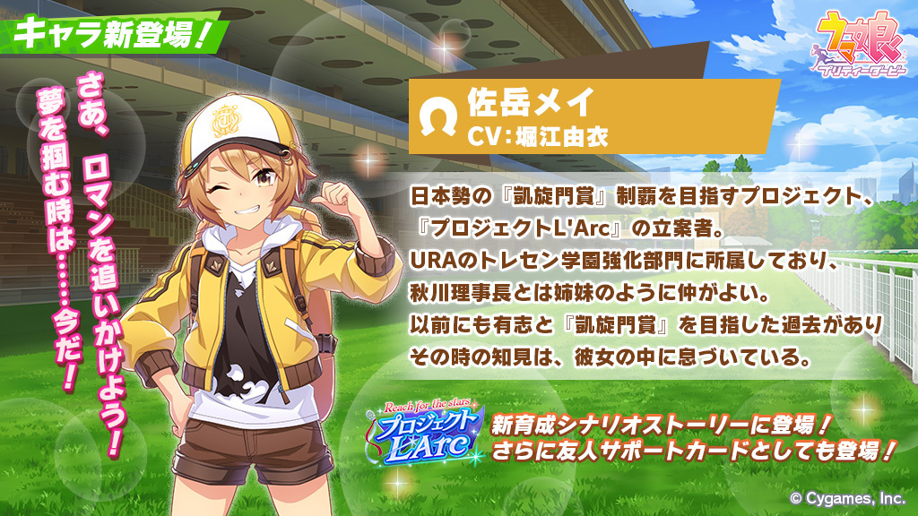 1girl artist_request baseball_cap brown_eyes brown_hair brown_shorts character_name commentary_request cowboy_shot cygames emblem grass grin hand_on_own_hip hat hood hooded_jacket horse_racing_track jacket one_eye_closed open_clothes open_jacket outdoors pointing pointing_at_viewer satake_mei short_eyebrows short_hair short_shorts shorts smile solo sparkle thick_eyebrows translation_request umamusume yellow_jacket