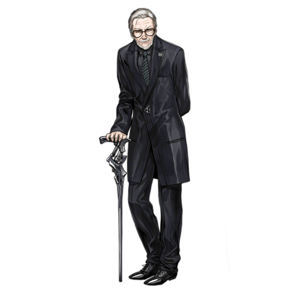 1boy artist_request beard black-framed_eyewear black_coat black_footwear black_pants black_shirt cane closed_mouth coat collared_shirt diagonal-striped_necktie dress_shoes emblem facial_hair formal full_body girls_frontline glasses green_necktie grey_hair hand_on_cane havier_witkin_(girls'_frontline) long_sleeves looking_at_viewer male_focus mustache necktie official_art old old_man pants shirt smile solo standing third-party_source