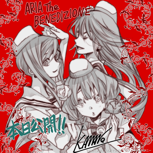 3girls aika_granzchesta akira_ferrari amano_kozue aria azusa_mclaren braid copyright eyelashes flower greyscale_with_colored_background hair_between_eyes hair_flower hair_ornament hand_up himeya_company_uniform holding long_hair looking_at_viewer lowres multiple_girls official_art one_eye_closed open_mouth own_hands_together promotional_art red_background rose sailor_collar short_hair_with_long_locks signature smile swept_bangs twin_braids uniform