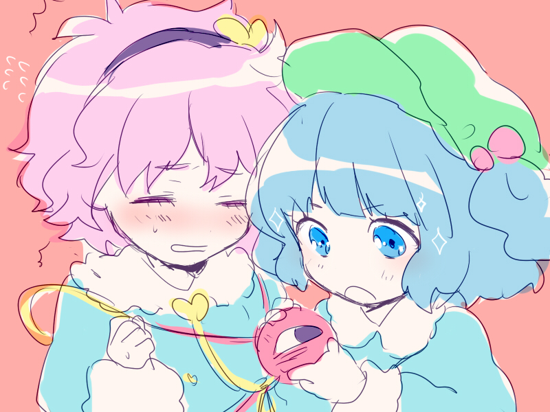 2girls :o ^^^ bad_source black_hairband blue_eyes blue_hair blue_shirt blunt_bangs blush clenched_hand closed_eyes dot_nose embarrassed excited eyeball flat_cap flying_sweatdrops frilled_shirt_collar frills furrowed_brow green_headwear hair_bobbles hair_ornament hairband hand_up hands_up hat heart heart_hair_ornament holding kawashiro_nitori komeiji_satori long_sleeves machiko_(beard) multiple_girls no_nose open_mouth parted_lips pink_hair red_background shirt short_hair simple_background sketch sleeve_cuffs sparkle sweat tareme third_eye touhou trembling two_side_up upper_body v-shaped_eyebrows