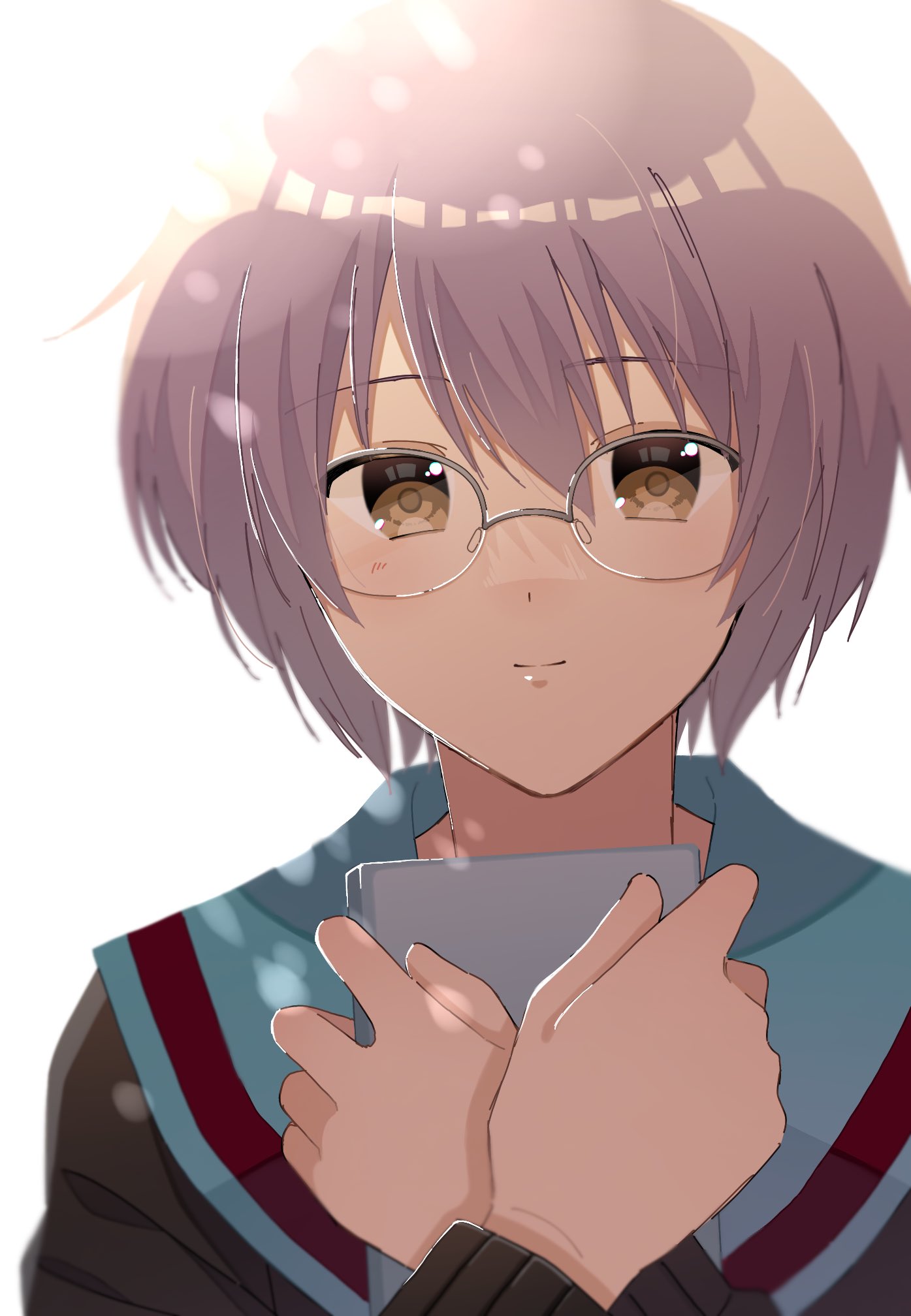 1girl blue_sailor_collar book book_hug brown_cardigan brown_eyes cardigan closed_mouth commentary_request glasses highres holding holding_book kita_high_school_uniform long_sleeves looking_at_viewer nagato_yuki napi_(jad3434) object_hug purple_hair sailor_collar school_uniform serafuku short_hair simple_background smile solo suzumiya_haruhi_no_shoushitsu suzumiya_haruhi_no_yuuutsu upper_body white_background winter_uniform