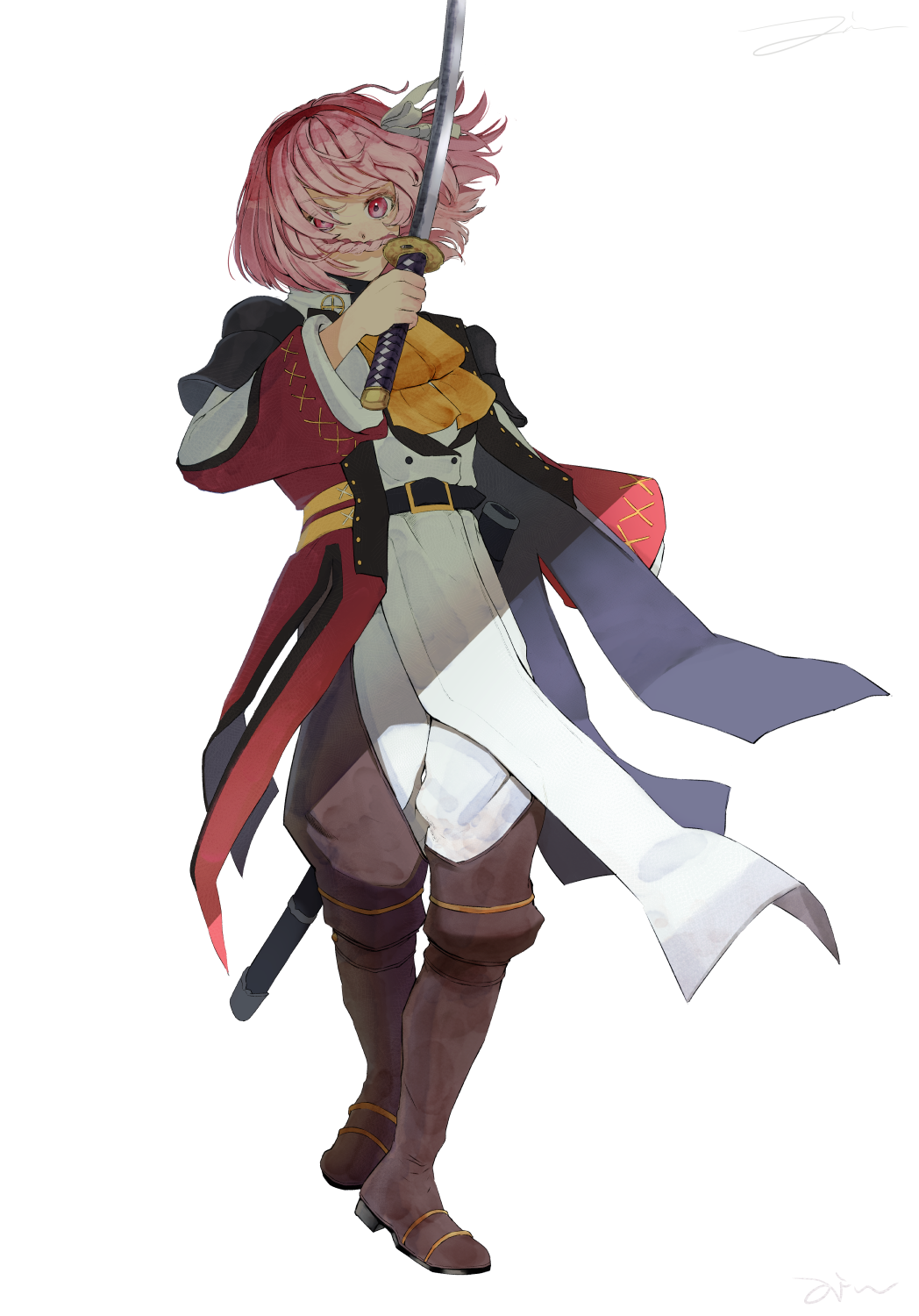 1girl alternate_costume armor ascot belt black_belt boots brown_footwear coat fire_emblem fire_emblem_engage floating_hair full_body hairband headband high_collar highres holding holding_sword holding_weapon jin_noumi katana lapis_(fire_emblem) long_sleeves looking_at_viewer open_clothes open_coat pink_eyes pink_hair red_coat red_hairband short_hair shoulder_armor solo standing sword two-tone_hairband weapon white_background yellow_ascot